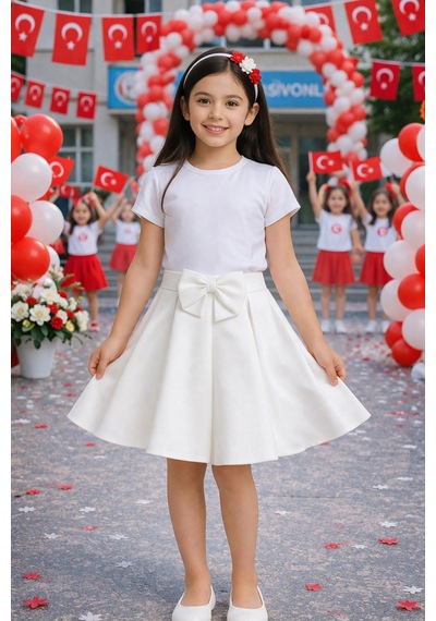 Her Şey Nota Www.herseynota.com Kız Çocuk Beyaz Dalgıç Etek Fiyonk Detaylı Okul Bayram Etkinlik 5-13 Yaş