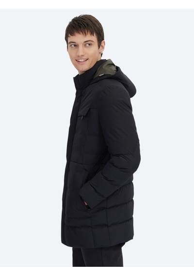 Kip Siyah Regular Fit Kapüşonlu Casual Dokuma Kaban Siyah -