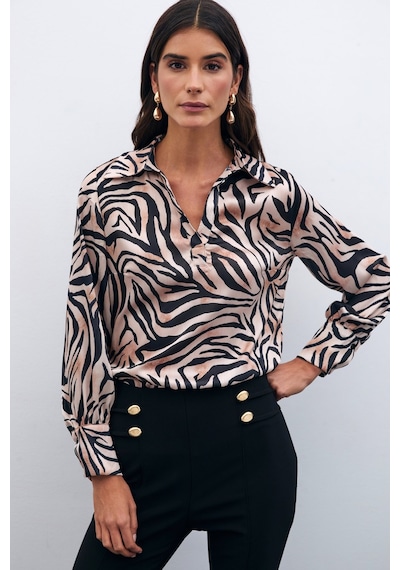 Sateen Desenli Gömlek Yaka Bluz - Siyah-135570 Siyah