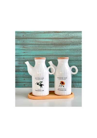 Bambu Standlı Etiketli Çizgili 2 Li Porselen 1000 Ml Yağdanlık Seti Yağlık Takımı Beyaz Beyaz