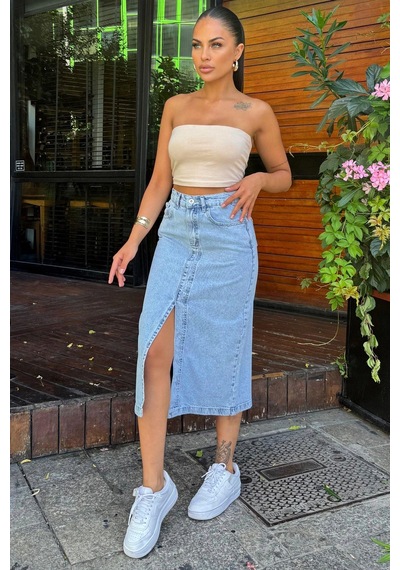 Açık Mavi Cepli Yırtmaçlı Uzun Denim Etek