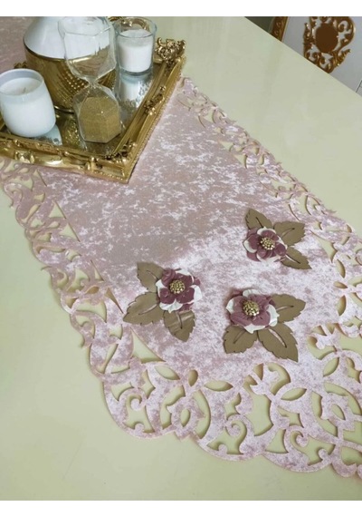 Mina Kadife Kumaş Lazer Kesim Çiçek Süslemeli Pudra Krem Runner 40x140 Cm 719 Pudra