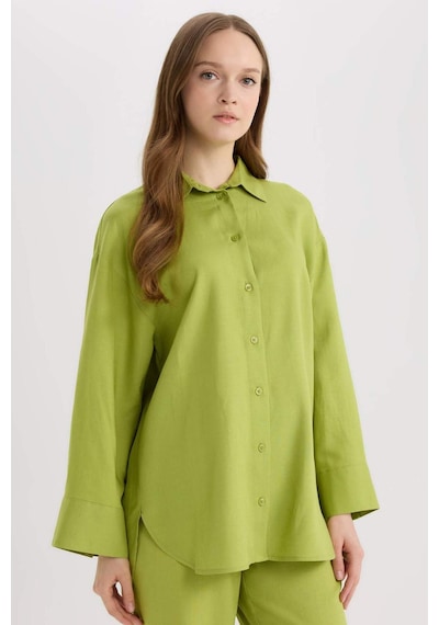 Defacto Relax Fit Keten Karışımlı Uzun Kollu Gömlek Tunik D8183ax25spgn698 Yeşil