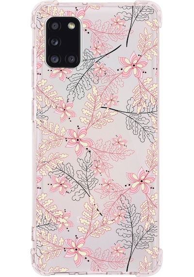 Samsung Galaxy A31 Uyumlu Köşe Korumalı Antişok Kapak Floral Kırmızı Tasarımlı Şeffaf Kılıf