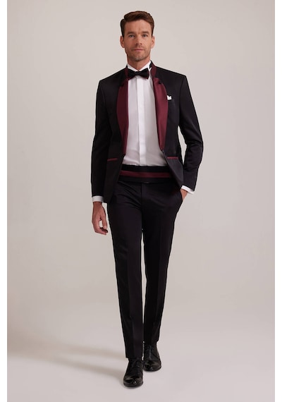 Ysf Erkek Bordo Siyah Slim Fit Şal Hakim Yaka Damatlık Bordo - Siyah
