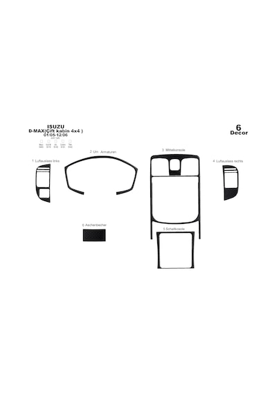Isuzu D Max Çift Kabin 4x4 Konsol-torpido Kaplama 2005-2006 6 Parça-siyah Karbon Siyah Karbon