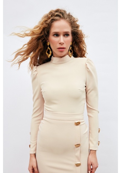 Sateen Düğme Detaylı Crop Bluz - Bej