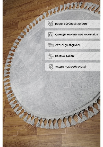 Comfort Oval Overloklu Peluş Halı Gri Gri Ponpon Saçaklı Daire