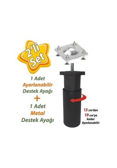 Destek Ayağı 13-19 Cm Siyah Ve Metal Düz Ayak Tabanı M8 Civatalı İnce Diş Mobilya Kanepe Baza Koltuk Seti