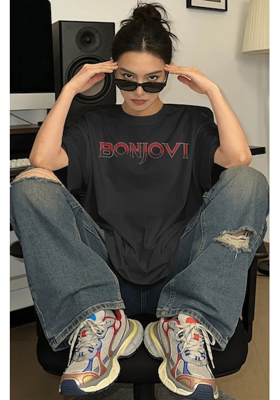 Bonjovi Rock Metal Şarkıcı Baskılı Unisex Oversize Premium Tişört Siyah