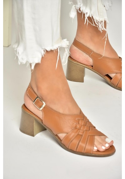 Fox Shoes P555453803 Taba Hakiki Deri Kalın Topuklu Kadın Sandalet Taba-hakiki Deri Taba