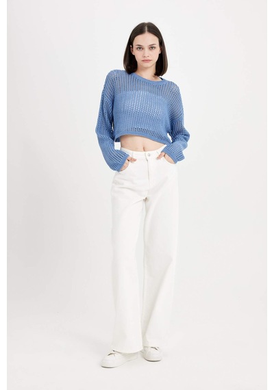 Defacto Regular Fit Bisiklet Yaka Kroşe Ajurlu Delikli Crop Triko Kazak T4513AZ24AUBE113 Mavi