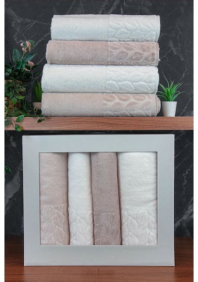 Hazal %100 Pamuklu Kutulu 4'lü Banyo Havlu Seti Hamam Takımı 50x90 - 90x150 Bej-krem - 00081 Bej