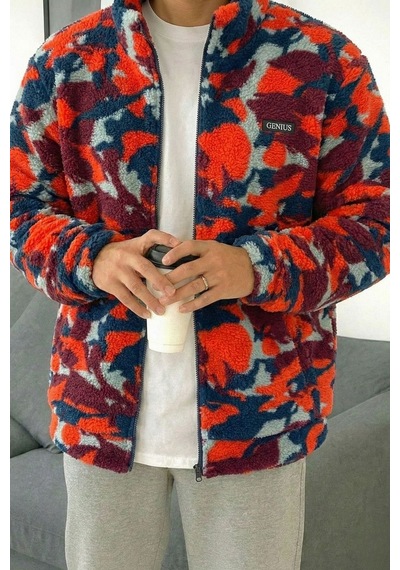 Genius Store Oversize Peluş Tam Fermuarlı Sweatshirt Peluş İçi Polarlı Sherpa Kumaş Sweatshirt Kırmızı