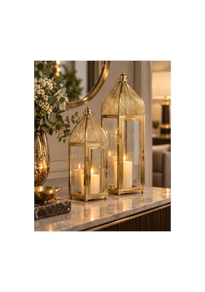 Sleep Nova Gold Metal Camlı Dekoratif Fener 2 Li Set Altın
