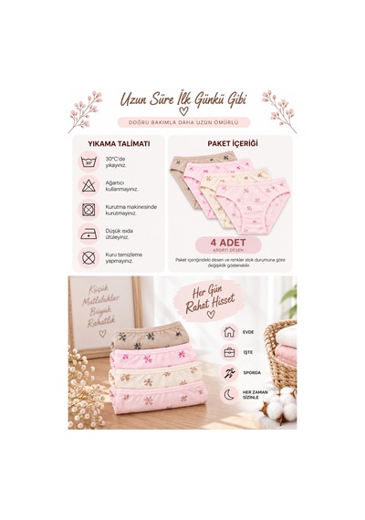 Westicgiyim Kadın Çiçekli Likralı Bikini Külot 4'lü Paket %100 Pamuk Yumuşak Rahat Asorti Desenli M L Xl çok Renkli
