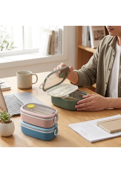 Paslanmaz Çelik Yemek Kabı 750 Ml, Çatal Kaşık Dahil, Kilitli Kapaklı Lunch Box, Yemek Taşıma Ve Saklama Kabı, 21x12x7,50 Cm, Yeşil/pembe/mavi Çok Renkli