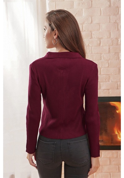 Aqe Fashion Çift Açılır Fermuarlı Polo Yaka Hırka Bordo