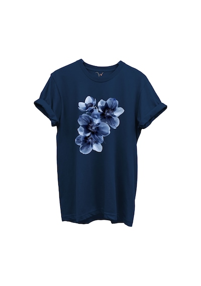 Mavi Çiçek Desenli Kadın %100 Pamuk Regular Fit Bisiklet Yaka T-shirt Lacivert