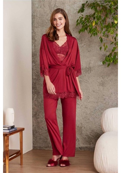 Pierre Cardin Dantelli Sabahlıklı Penye Pijama Takımı Bordo 001