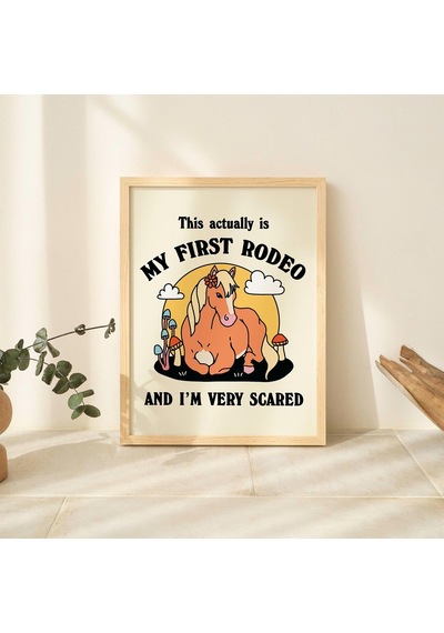 Çerçeveli Kovboy Atı Sözü Baskısı, İlk Rodeo Sözü Posteri, Retro Mantar Posterleri, Cottagecore Çocuk
