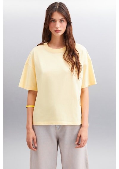 Grımelange Jemmy Kadın %100 Organik Pamuk Relaxed Fit Yırtmaçlı Yuvarlak Yakalı Sarı T-shirt