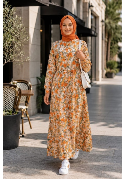 Hb Harma Time Butik Kadın Düğmeli Desenli Modal Turuncu Elbise Turuncu Turuncu