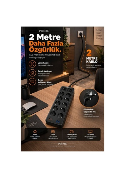 8 Prizli Çoklu Priz 3680w 2 Usb-a + 2 Type-c Akım Korumalı Güç Dağıtıcı 0 - 2 M