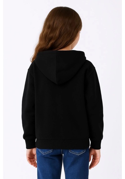 Kız Çocuk Kapüşonlu Kanguru Cepli Tam Fermuarlı Hırka Sweatshirt - Siyah Çok Renkli