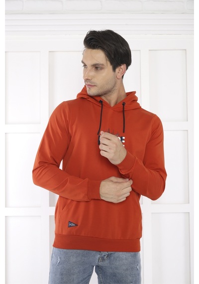 Escetic Spor Erkek Kiremit Cepli, Kapüşonlu Sweatshirt-4165