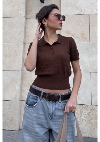 Kahverengi Slim Fit Polo Yaka Triko Tişört Mg2805