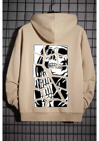 Uyguntarz Unisex Skullcracked Baskılı Sweatshirt Bej