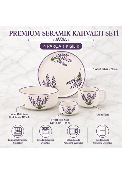Tr Seramik El Yapımı Kahvaltı Takımı 4 Parça Kahvaltı Seti Oval Seramik Sunum Tabağı Çeyizlik Takım, Lavander Diğer