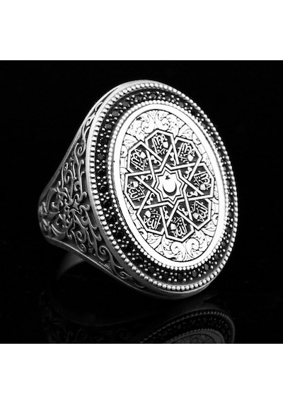 925 Ayar Gümüş Ay Yıldız Motifli Allah Lafzı Yazılı Erkek Yüzük Silver