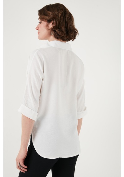 Lela Oversize Fit Önü Kısa Arkası Uzun Truvakar Kol Bayan Gömlek 5866116 Beyaz