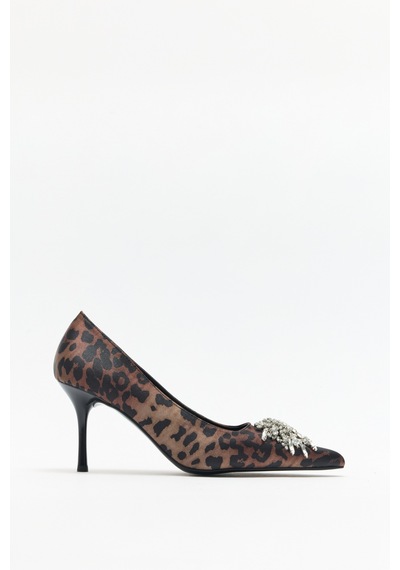 Lutvelizade Topuklu 2601 Sivri Burun Toka Detaylı Stiletto Leopar Kadın Topuklu