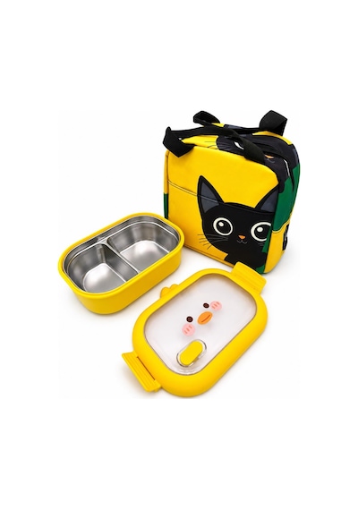 Valkyrie 304 Paslanmaz Çelik Çocuk Beslenme Kabı Kedili Termal Çantalı 2 Bölmeli Lunch Box Yemek Kabı Sarı