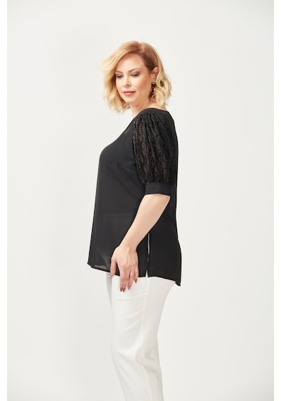 Moda Berray 3208 Kolu Jakarlı Rebeka Kumaş Büyük Beden Bluz Siyah