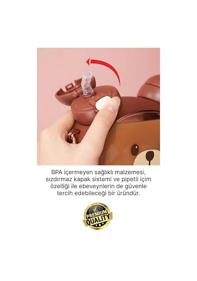 Matara Kaliteli Bpa İçermez Askılı Pipetli Çocuk Okul 3d Desenli Sevimli Ayıcık Model Su Matarası Çok Renkli