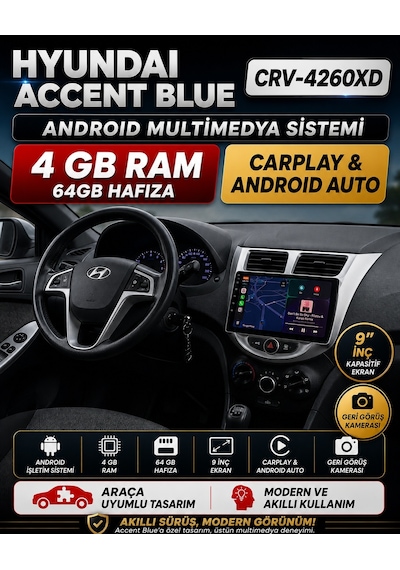 Hyundai Accent Blue Android Multimedya Sistemi 2011-2017 Crv-4260xd Gri Çerçeve 9"