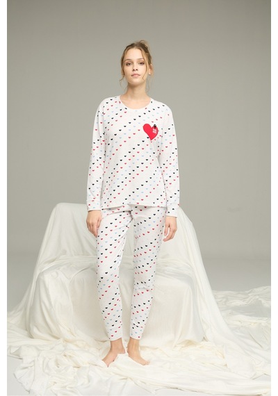 Siyah İnci Pamuklu Bisiklet Yaka Örme Pijama Takım25241125 Beyaz