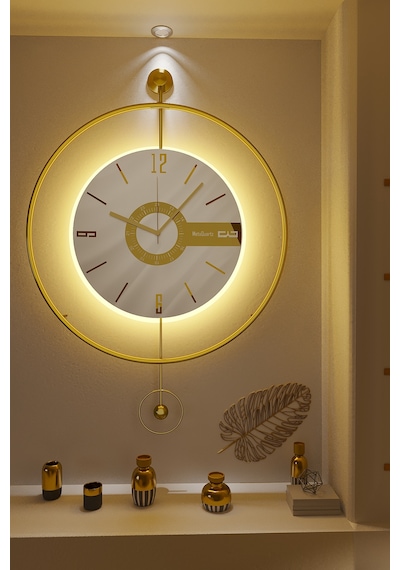 MetaQuartz Aksesuar Büyük Boy(50*75 cm)Gold Elit Three (PİLLİ LED SİSTEMİ) , Modern Dekoratif Metal Duvar Saati
