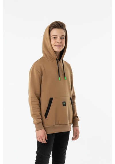 Kapüşonlu Kanguru Cepli Detaylı Şardonlu 100% Pamuk 3 İplik Erkek Çocuk Sweatshirt-90841 Kahverengi
