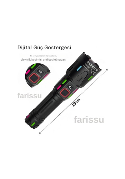 Ultra Güçlü Beyaz Lazer Led El Feneri - 2 Km Menzilli & Powerbank Özellikli Çift Pil Setli Siyah