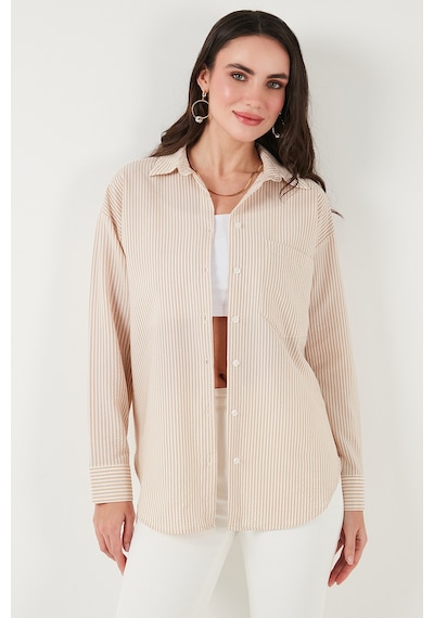 Lela Regular Fit Uzun Kollu Cepli Çizgili Bayan Gömlek 6772895 Taş