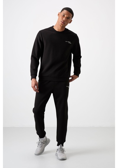 Tommy Life Ekru - Siyah Pamuklu Kalın Yumuşak Dokulu Comfort Fit Nakışlı Erkek Eşofman Takım - 85254 Siyah