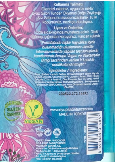 Eyüp Sabri Tuncer Doğal Zeytinyağlı Sıvı Sabun Okyanus Kokulu Pet Şişe 500 Ml