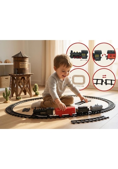 12 Parça Pilli Tren Seti Işıklı Ve Duman Çıkaran Modüler Ray Sistemli Siyah Tren Kırmızı Vagon