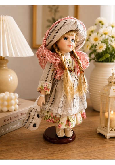 35 Cm Dekoratif Vintage Şapkalı Kız Bebek Biblosu Porselen Görünümlü Salon, Vitrin, Konsol Ve Ev Dekoru -