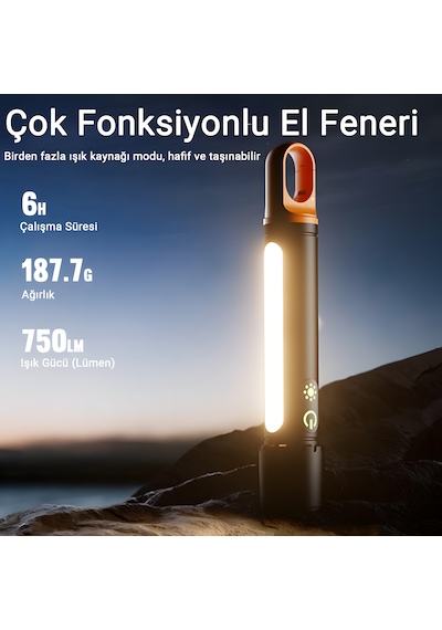 X725 Çok Fonksiyonlu Şarjlı Kamp El Feneri 750 Lm Led, Yan Lamba, Su Geçirmez, Powerbank Siyah